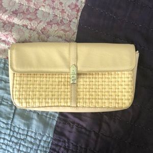French Connection leather & natural straw clutch bag.
